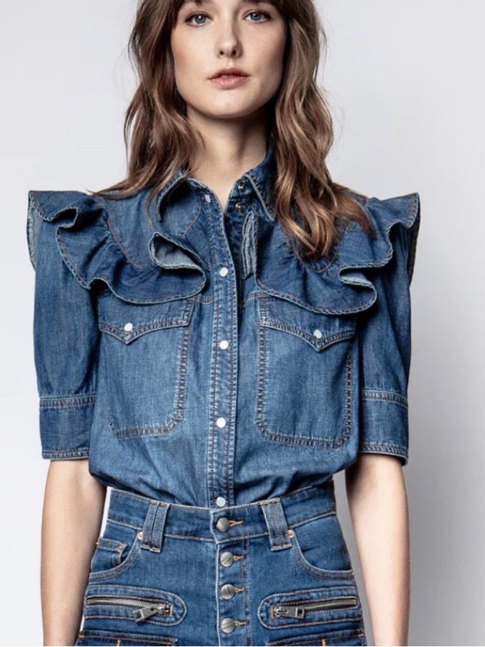 Zadig & Voltaire Toky Ruffled Denim Button Up